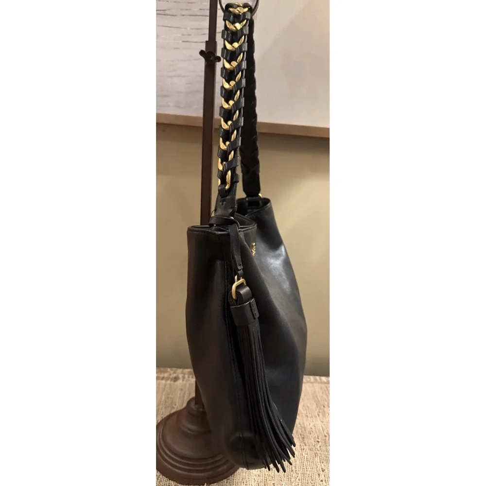 Tory Burch Brooke Minimalist Hobo‎ Bag Black Leather Gold Braided Handle 598$